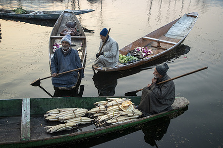 Kashmiri men gather with their boats loaded with vegetables at the floating vegetable market in the interior of Dal Lake at dawn during the cold winter season. Dal Lake's floating vegetable market, a 200-year-old tradition, is a unique feature of Kashmir Valley. Generations of Kashmiris have cultivated vegetables in floating gardens and sold them daily on the lake. Vendors from across the city arrive early to purchase fresh organic produce, which they later resell in urban markets. The bustling activity lasts just an hour before the market vanishes without a trace. The market has drawn attention over the years, featuring in films and attracting notable visitors like Rahul Gandhi and Shahrukh Khan.