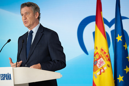 The president of the People's Party, Alberto Núñez Feijoo attends a press conference at the national headquarters of the People's Party.