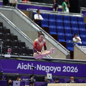 Zhang Yihan Chinese gymnast competes during the Women’s Artistic Gymnastics Team Final at the 20th Asian Games Aichi-Nagoya 2026 in Japan.