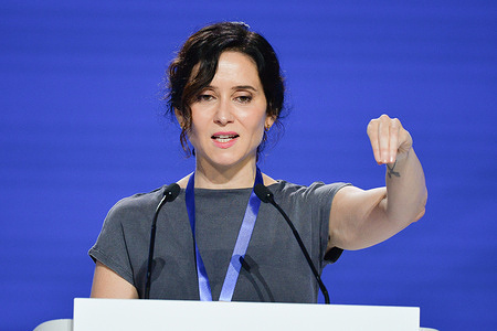 The president of the Community of Madrid Isabel Diaz Ayuso speaks during the closing of the XXI National Congress of the Popular Party. With the slogan "Take a stand for Spain" the 21st Congress of the PP seeks to strengthen the leadership of Alberto Nunez Feijoo, the only candidate for the PP Presidency and renew the party's direction and strategy.