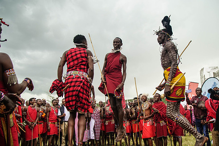 Maasai men wearing their traditional attire jump while singing during The Maasai Cultural Festival in Narok, near The Maasai Mara National Reserve. In their inaugural cultural festival, The Maasai sang, danced and showcased their traditional costumes and rituals.