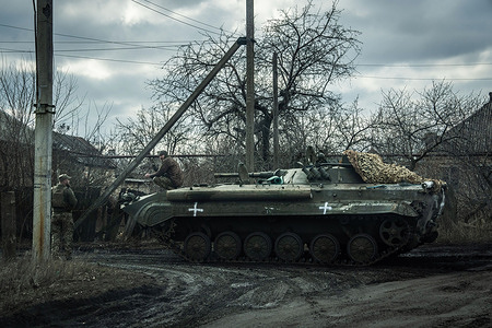 A Ukrainian armored personnel carrier seen in Chasiv Yar. Russian and Ukrainian forces have been fighting for months for the key city of Bakhmut, which is now almost entirely encircled by the Russians.