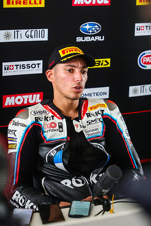 Toprak Razgatlıoğlu from Turkey of the ROKiT BMW Motorrad WorldSBK Team speaks at a press conference on day 3 of the 2025 World Superbikes Estoril Round at Circuito do Estoril.
