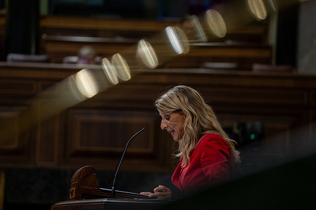 Second Vice President and Minister of Labor and Social Economy, Yolanda Díaz, speaks during the plenary session of the Congress of Deputies. The Congress plenary session today debates, among other amendments, Royal Decree-Law 9/2025, of July 29, which extends leave for birth and childcare. The new regulations increase the duration of leave for birth and childcare, adoption and foster care by three weeks, as well as the duration of the aforementioned leave for single-parent families.