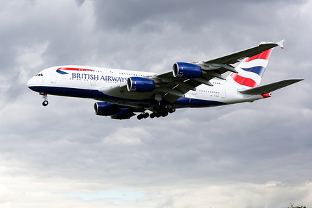 (EDITOR"S NOTE: This is a file photo)
An A380 British Airways plane is seen over West London as it approaches to land at London Heathrow airport. 
British Airways is fined more than £183.39 million over a customer data breach by the Information Commissioner's Office (ICO). The fine is the biggest penalty ever issued by the ICO.