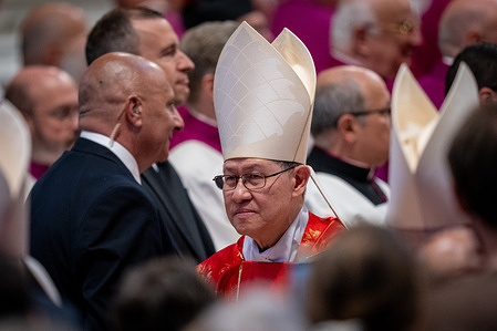 Cardinal Luis Antonio Gokim Tagle attends the “Pro Eligendo Romano Pontfice” final Mass with cardinals before the conclave to elect a new pope in St. Peter's Basilica.