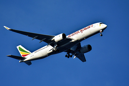 An Ethiopian Airlines plane arrives at Marseille Provence Airport, France.