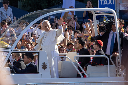 Pope Leo XIV travels through the center of Madrid in the Popemobile during the second day of his visit to Madrid.