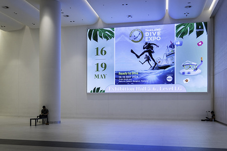 A view of an advertisement for the Thailand Dive Expo, in the hall of the Queen Sirikit National Convention Center. The Thailand Dive Expo (TDEX) 2024, is an event for diving enthusiasts, showcasing the latest in diving equipment, dive destinations, and underwater photography. This year is the 20th event due to a growing scenario of diving activity in the country and the potential of diving attractions to scuba divers from all over the world.