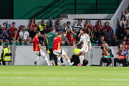 Dominik Szoboszlai of Hungary celebrates a goal during the FIFA World Cup 2026 Qualifier match between Portugal and Hungary at Estadio Jose Alvalade. Final score Portugal 2 : 2 Hungary