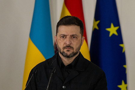 President of Ukraine, Volodymyr Zelensky, speaks during a press conference at the Moncloa Palace.