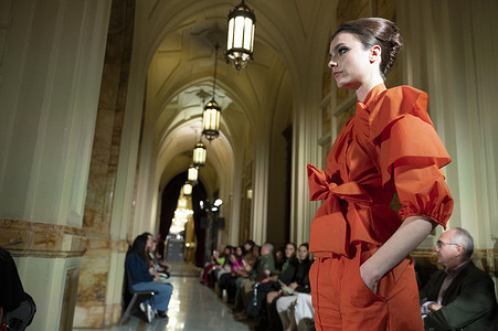 A model walks the runway wearing a design by Javier Delafuente during MadridEsModa Fashion Week de Madrid in Museo Naval, 15 March 2026 Spain