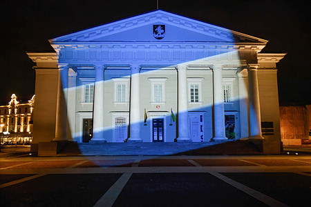 Vilnius city hall is illuminated in white and blue in solidarity with the people of Israel.