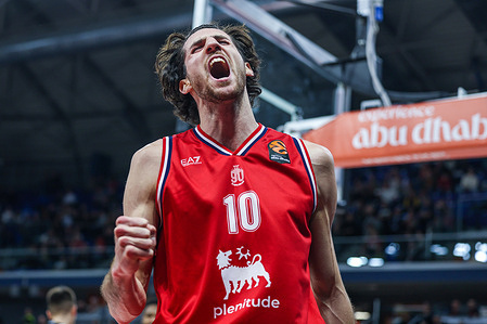 Leandro Bolmaro #10 of EA7 Emporio Armani Milano celebrates during Turkish Airlines EuroLeague 2025/26 Regular Season Round 25 game between EA7 Emporio Armani Milano and Partizan Mozzart Bet Belgrade at Allianz Cloud. Final score; EA7 Emporio Armani Milan 85 | 79 Partizan Mozzart Bet Belgrade.