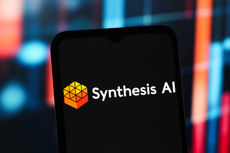 In this photo illustration, the Synthesis AI logo is seen displayed on a smartphone screen.