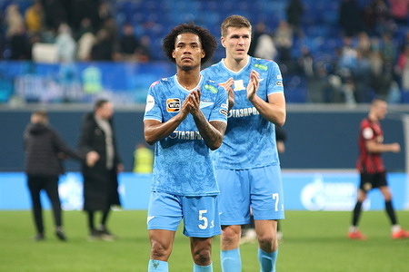 Wilmar Enrique Barrios Teran, known as Wilmar Barrios (5) and Aleksandr Sobolev (7) of Zenit seen during the Russian Premier League football match between Zenit Saint Petersburg and Akron Tolyatti at Gazprom Arena. Final score; Zenit 1:2 Akron.