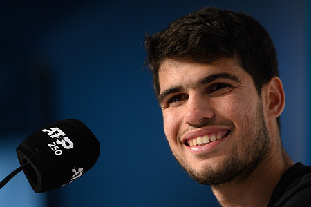 Carlos Alcaraz of Spain smiles during a press conference after winning the Men's Singles Final against Cameron Norrie of Great Britain during day seven of the ATP 250 Argentina Open 2023 at Buenos Aires Lawn Tennis Club. Final score; Carlos Alcaraz 6:3, 7:5 Cameron Norrie
