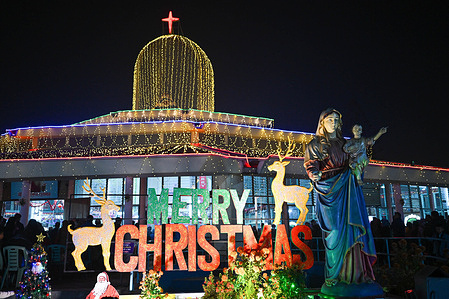 General view of the decorated and illuminated Holy Rosary Church in Tejgaon, Dhaka, as it celebrates Christmas Day.