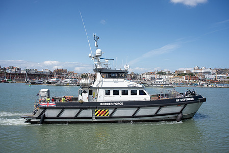 A boat of the Border Force arrives back at Ramsgate from patrolling. Border Force boats maintain border security. They patrol UK waters, detect and intercept vessels carrying prohibited or restricted goods, and work to prevent illegal immigration and tax fraud.