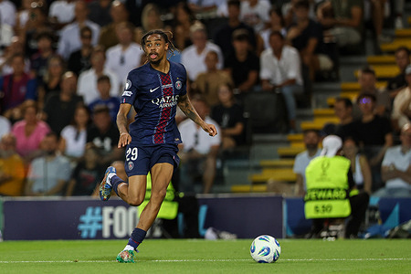 Bradley Barcola of Paris Saint-Germain seen in action during the UEFA SUPERCUP 2025 between Paris Saint-Germain and Tottenham Hotspur at Stadio Friuli. Final score: Paris Saint-Germain 2:2 (penalty 3:2) Tottenham Hotspur.