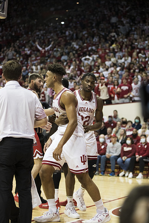 Indiana University's Trayce Jackson-Davis (23) reacts after getting tripped while playing against Northern Illinois University during an NCAA basketball game at Assembly Hall in Bloomington, Ind. The Indiana Hoosiers beat NIU 85-49.