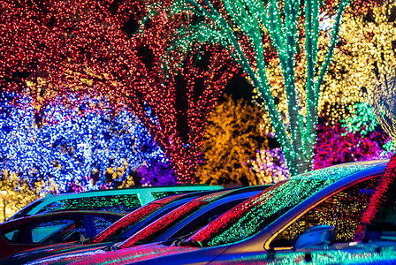 Christmas lights reflect off cars parked at the Festival of Lights as the Washington DC Temple of the Church of Jesus Christ of Later Day Saints, in Silver Spring, Md.