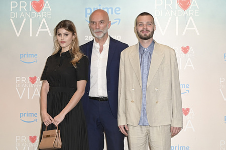 Jenny De Nucci (L), Massimo Cappelli (C) and Riccardo Maria Manera (R) attend the photocall of Prime video movie "Prima di andare via" at The Space cinema Moderno.