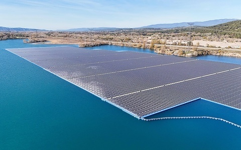 (EDITOR'S NOTE: Image taken with a drone)
View of the floating solar park in Peyrolles-en-Provence. It is the first project of its kind in France, with more than 43,000 photovoltaic panels installed on a body of water, generating 14.7 MWp of power.