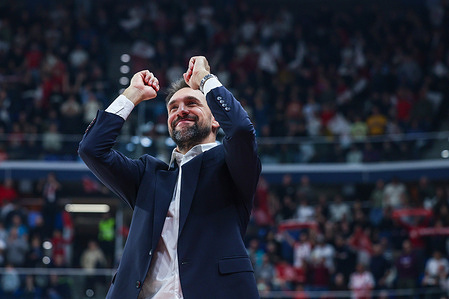 Giuseppe Poeta Head Coach of EA7 Emporio Armani Milano seen during Turkish Airlines EuroLeague 2025/26 Regular Season Round 21 game between EA7 Emporio Armani Milano and Anadolu Efes Istanbul at Unipol Forum. Final score ,EA7 Milano 87 : 74 Anadolu Efes Istanbul