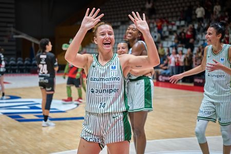 Maria Espana (14) of Azulmarino Mallorca Palma celebrates during match of the Spanish Women's Basketball League, Liga Femenina Endesa, gameday 2 between Spar Girona and Azulmarino Mallorca Palma at Fontajau Pavilion. Final scores: Spar Girona 83 - 89 Azulmarino Mallorca Palma.