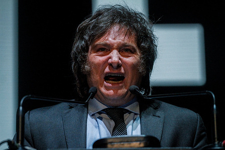 Javier Milei makes a speech at the end of his campaign in front of thousands of supporters to face the upcoming Argentine presidential elections in 2023. Javier Milei holds his campaign closing in front of thousands of supporters to face the next presidential elections, in the city of Buenos Aires, Argentina, at the location of the Movistar arena in Villa Crespo.