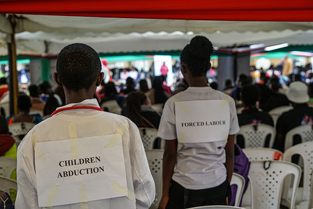 Participants are seen wearing tshirts with inscriptions ‘children abduction and forced labour’’ during the commemorations to mark World Day against Trafficking in Persons under the 2025 global theme: ‘Human Trafficking is Organized Crime – End the Exploitation.