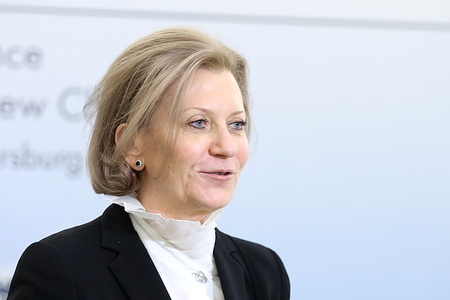 Anna Popova, Head of the Federal Service for Supervision of Consumer Rights Protection and Human Welfare (Rospotrebnadzor), Chief State Sanitary Doctor of the Russian Federation, during the VI International Conference on Combating Infectious Diseases: New Challenges plenary session at the Boris Yeltsin Presidential Library in St. Petersburg.