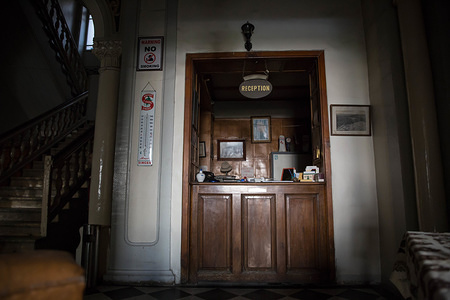 The reception of Aleppo's iconic Baron Hotel. Guests have included Lawrence of Arabia, Charles de Gaulle and Syrian President Bashar al Assad.
Aleppo's historic Baron Hotel was founded in 1911 by two Armenian brothers. Guests included David Rockefeller, Theodore Roosevelt, Agatha Christie and Charles Lindbergh.