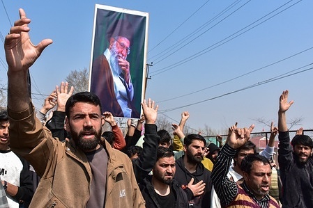 Kashmiri Shiite Muslim protesters shout slogans as they mourn the killing of the Iranian Supreme Leader, Ayatollah Ali Khamenei, during a protest rally against the U.S. and Israel in Budgam, about 25kms from Srinagar. Protests continue across the Kashmir valley over the killing of Iran's Supreme Leader Ayatollah Ali Khamenei in a coordinated US-Israeli airstrike on Tehran. Strict restrictions remained imposed in many areas of Kashmir for the fifth consecutive day.