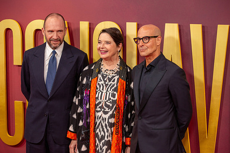 (L-R) Ralph Fiennes, Isabella Rossellini and Stanley Tucci attend the Headline Gala screening of CONCLAVE during the 68th BFI London Film Festival at The Royal Festival Hall