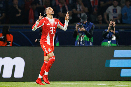 Michael Olise (FC Bayern Munchen) seen celebrating after scoring a goal during the UEFA Champions League semifinal game between teams of Paris Saint-Germain Football Club and FC Bayern Munchen at Parc des Princes. Final score; Paris Saint-Germain Football Club 5:4 FC Bayern Munchen