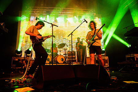 Joey Walker (L) and Stu Mackenzie (R) of King Gizzard & the Lizard Wizard Rock band perform in a concert at Alcatraz in Milan.