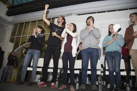 Isabel Serra, Alberto Rodríguez, Irene Montero and Rafael Mayoral are seen applauding to the public during the event.
Event of Podemos party with young people under the slogan "The future is ours" to talk about the problems of the young people as the payment of university fees, lack of work, precarization of jobs with "mini jobs" or false autonomous, access to housing, etc. The event was attended by young representatives from all over Spain who have asked the congressmen Irene Montero, Alberto Rodríguez and Rafae Mayoral and the candidate for the presidency of the Community of Madrid, Isabel Serra. The event takes place within the electoral campaign agenda for 28A.