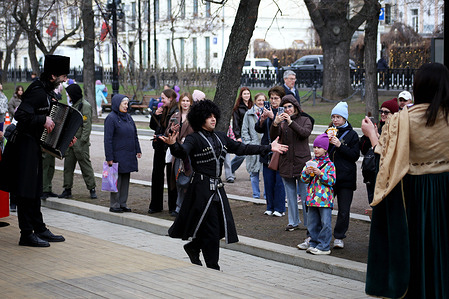 Dagestan's dancers seen during Moscow Spring Festival 2026. Outdoors Spring Festival 2026 is dedicated to Russian traditions and indigenous minorities
