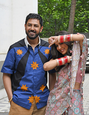 L-R Indian film actors Gippy Grewal and Jasmin Bhasin pose for a photo in Mumbai. The actors were promoting their upcoming Punjabi language film 'Honeymoon' which will be released on 25th October 2022