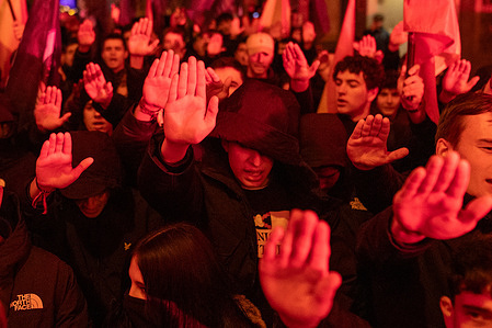 Protesters make the fascist salute during the demonstration. A Far-right demonstration is organized by the Falangist Youth and the Spanish University Syndicate to demand solutions to the youth housing problem under the slogan: "No housing, no future"