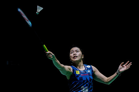 Ratchanok Intanon of Thailand plays against Line Højmark Kjærsfeldt of Denmark (not pictured) during the Women's Singles Semi-Final match of the Perodua Malaysia Masters 2026 at Unifi Arena. Ratchanok Intanon won with scores 21-12, 21-12