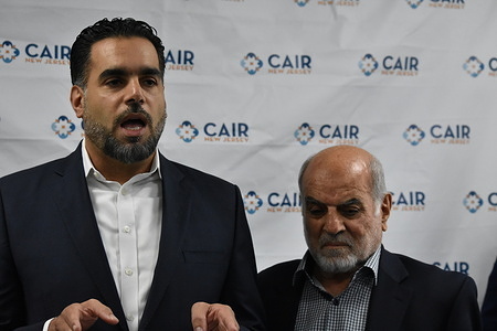 Franklin Township New Jersey Board of Education Member, Sami Shaban (L) says that IDF forces allegedly killed nine of his family members in an attack in Gaza, in remarks at a press conference in Newark, New Jersey. Council on American-Islamic Relations of New Jersey (CAIR-NJ) held a press conference to discuss Israel’s ongoing war on Gaza. "Israeli occupation forces", killed nine family members of Franklin Township Board of Education Member, Sami Shaban. Another family member is in critical condition as he heals from white phosphorus burns.