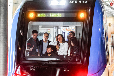 President Gabriel Boricen seen in the train cab during the presentation of a new train for the Limache-Puerto ValparaÌso line of the EFE ValparaÌso railway.