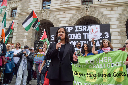 Labour MP Nadia Whittome gives a speech during a protest in support of the Madleen ship and Palestine outside the Foreign Office in Westminster. A protest was held outside the Foreign Office in Westminster in support of the Madleen ship and the people of Palestine. The Madleen, part of the Freedom Flotilla Coalition, was carrying humanitarian aid to Gaza when it was intercepted by Israeli forces in international waters. Among the passengers was climate activist Greta Thunberg, along with other international human rights advocates, who aimed to draw attention to the ongoing humanitarian crisis in Gaza and challenge the blockade imposed by Israel. Protesters called on the UK government to take action, condemn the interception, and support the rights of Palestinians and international humanitarian efforts.
