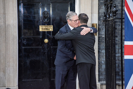 Prime Minister Keir Starmer (L) welcomes the Ukrainian President, Volodymyr Zelenskyy (R) before the meeting on the Downing Street in London. Prime Minister of the United Kingdom, Keir Starmer hosted the President of Ukraine, Volodymyr Zelenskyy, the President of France, Emmanuel Macron and Chancellor of Germany, Friedrich Merz for talks in Downing Street to discuss further supports for Ukraine ongoing war against Russia.