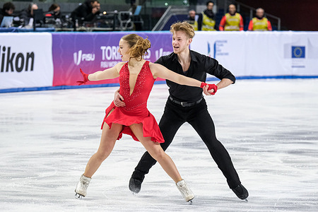Mariia Pinchuk (L) and Mykyta Pogorielov (R) of Ukraine seen during the Ice Dance - Rhythm Dance of Figure Skating at FISU Games 2025 in Turin, Italy