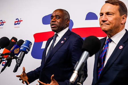 Polish Minister of Foreign Affairs Radoslaw Sikorski and Secretary of Foreign, Commonwealth and Development Office of the UK David Lammy speak to the media during The Informal meeting of the EU Ministers of Foreign Affairs. David Lammy is a special guest that will discuss security issues of Europe in the face of growing global instability.