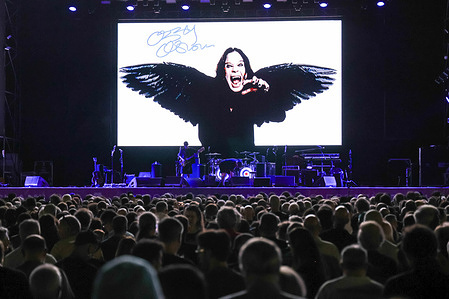 General view of the screening in memory of Ozzy Osbourne, Black Sabbath singer who died at the age of 76-years old, before The Who concert at Parco della Musica Segrate.